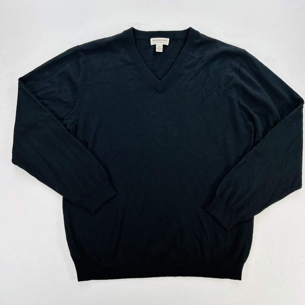 Pronto Uomo Sweater Mens 2XLT Black Extra Fine Merino Wool V Neck Pullover Knit